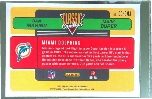 2021 Panini Classics Dan Marino / Mark Duper #CC-DMA Dolphins Classic Combos - Image 3