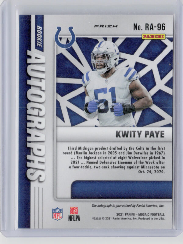 2021 Panini Mosaic Kwity Paye AU #RA-96 Colts Rookie Autographs Mosaic - Image 3