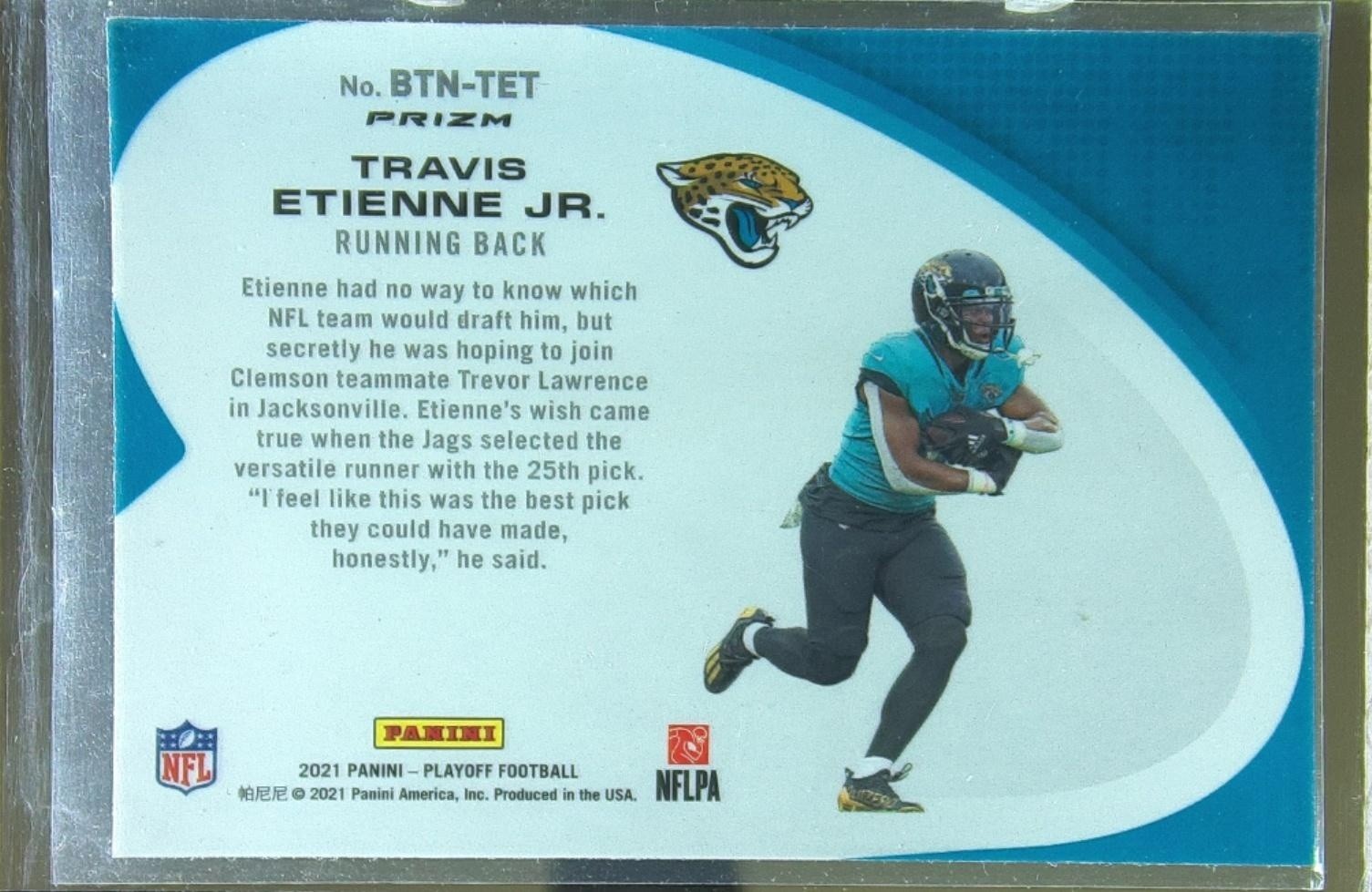 2021 Playoff Travis Etienne Jr. RC #BTN-TET Jaguars Behind the Numbers Blue - Image 3