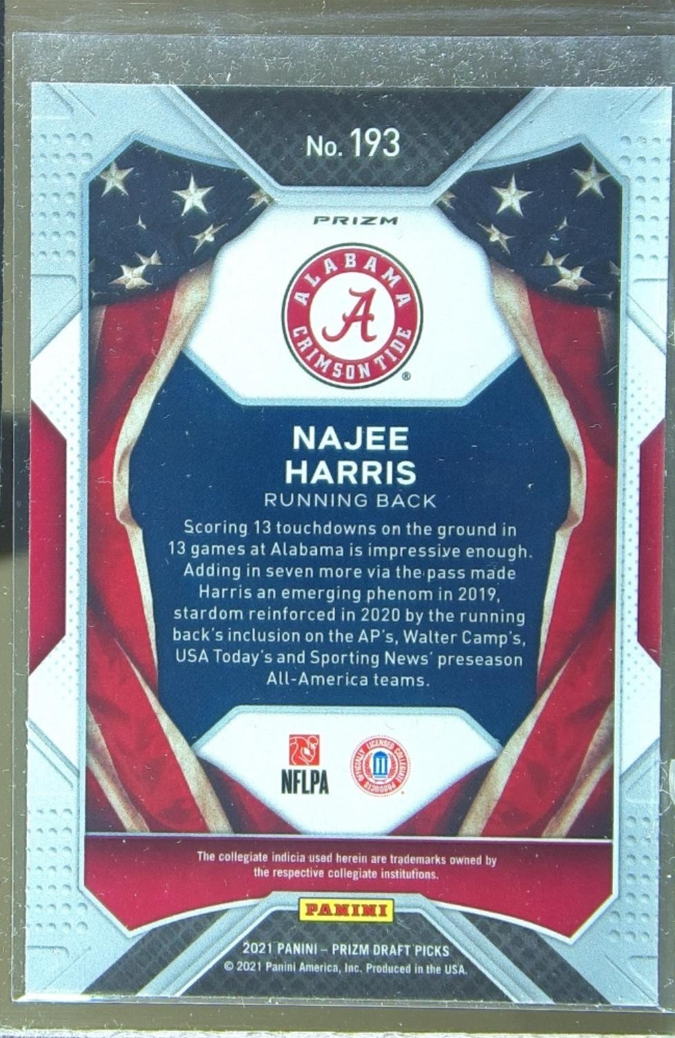 2021 Prizm Draft Picks Najee Harris Silver RC #193 Tide - Image 3