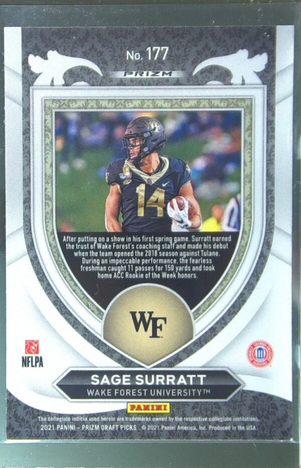 2021 Prizm Draft Picks Sage Surratt Red White and Blue RC #177 Deacons - Image 3