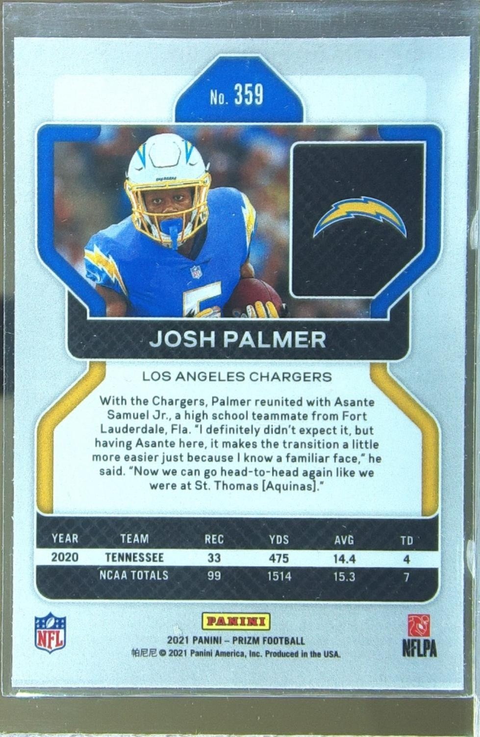 2021 Prizm Josh Palmer RC #359 Chargers - Image 3