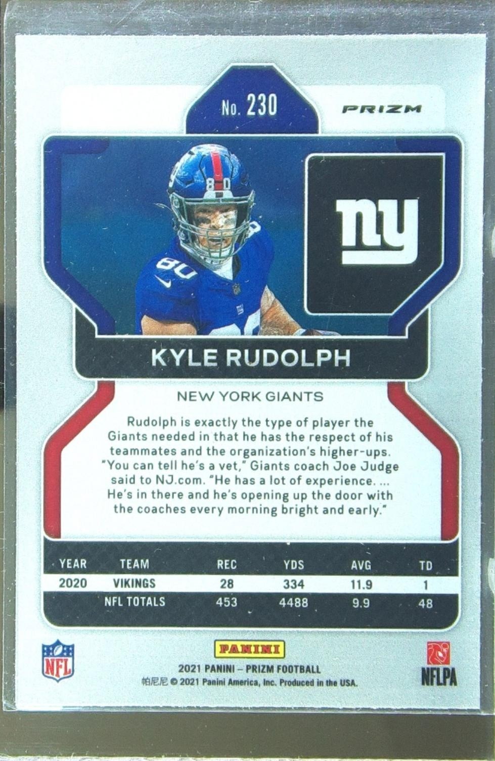 2021 Prizm Kyle Rudolph Green #230 Giants - Image 3