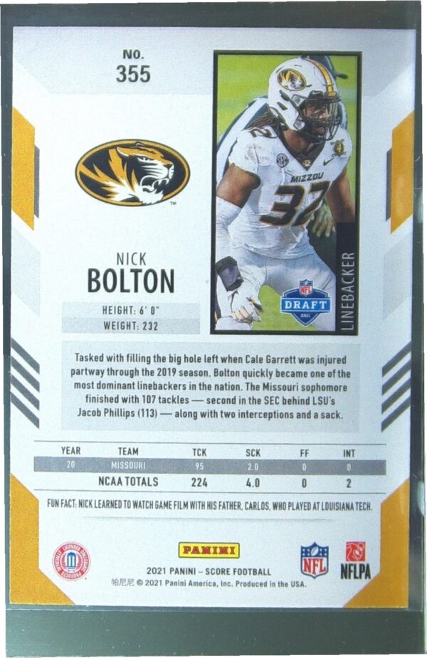 2021 Score Nick Bolton RC #355 Tigers - Image 3