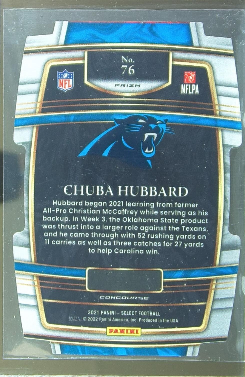 2021 Select Chuba Hubbard Black and Gold Prizm Die Cut #76 Panthers - Image 3