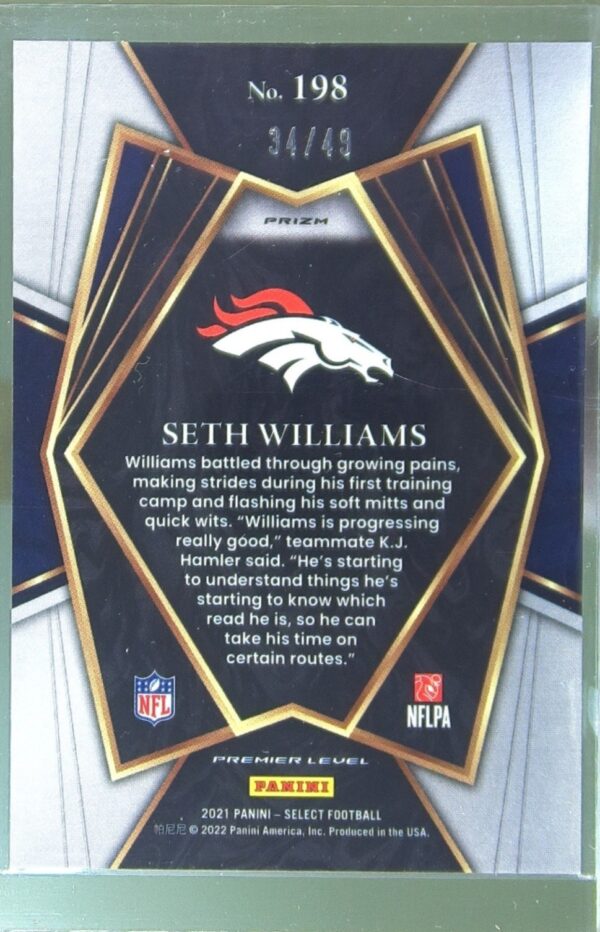2021 Select Seth Williams Neon Green Prizm /49 #198 Broncos - Image 3