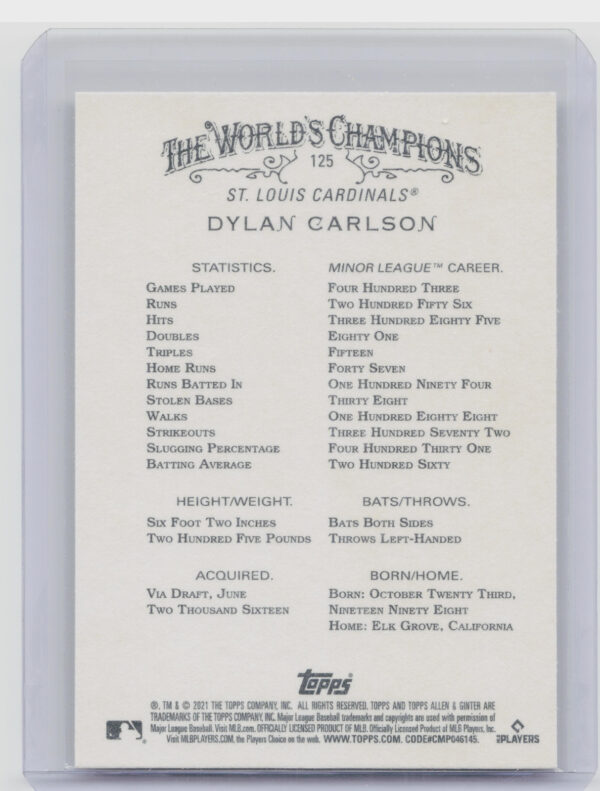 2021 Topps Allen & Ginter Dylan Carlson #125 Cardinals - Image 3