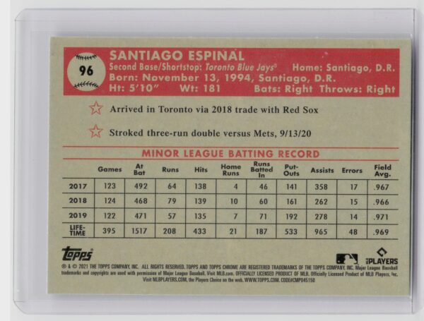 2021 Topps Chrome Platinum Anniversary Santiago Espinal RC #96 Jays - Image 3