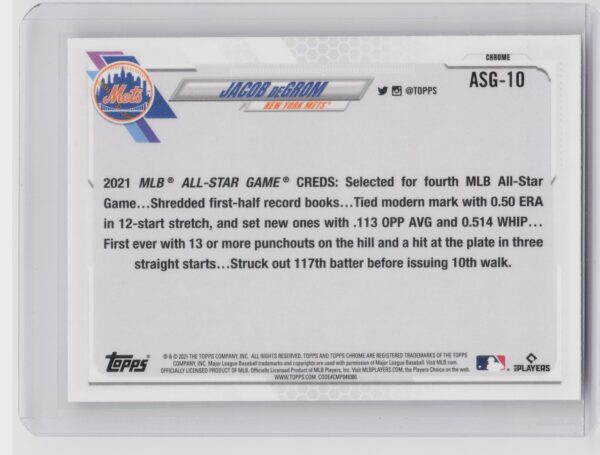 2021 Topps Chrome Update Jacob deGrom #ASG-10 Mets 2021 All Star Game - Image 3