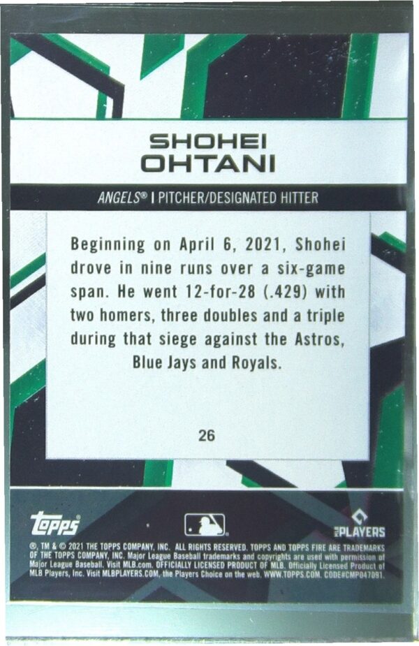 2021 Topps Fire Shohei Ohtani #26 Angels - Image 3