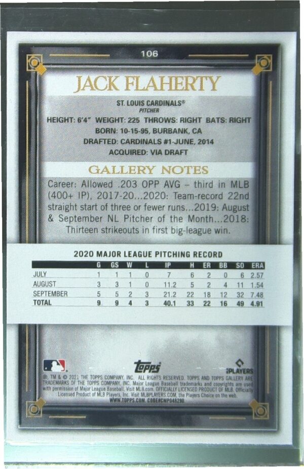 2021 Topps Gallery Jack Flaherty Printer Proof #106 Cardinals - Image 3