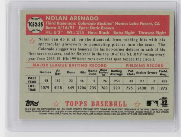 2021 Topps Nolan Arenado #TC52-35 Rockies 1952 Topps Redux - Image 3