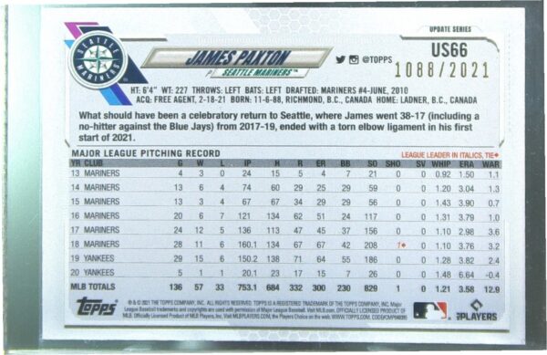 2021 Topps Update James Paxton Gold /2021 #US66 Mariners - Image 3