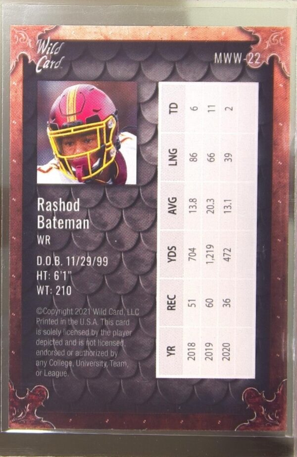 2021 Wild Card Matte Retail Rashod Bateman #MWW-22 Gophers Weekend Warrior - Image 3