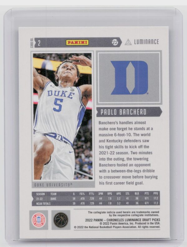 2022-23 Panini Chronicles Luminance Draft Picks Paolo Banchero #2 Duke - Image 3