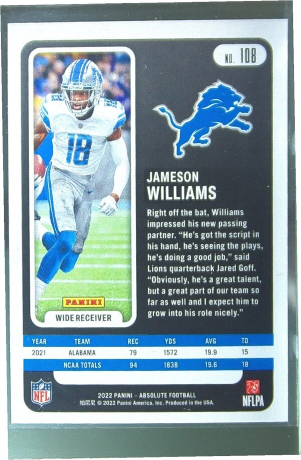 2022 Absolute Jameson Williams Retail RC #108 Lions - Image 3