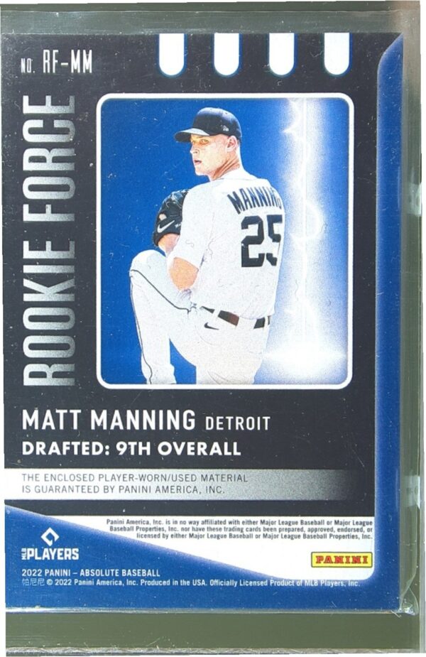 2022 Absolute Matt Manning JSY RC #RF-MM Tigers Rookie Force Retail - Image 3