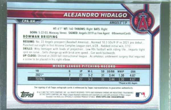 2022 Bowman Alejandro Hidalgo Auto #CPA-AH Angels Chrome Prospects Autographs - Image 3