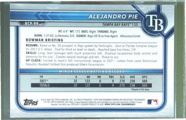 2022 Bowman Alejandro Pie /225 #BCP-99 Rays Chrome Prospects Mojo Aqua Refractor - Image 3