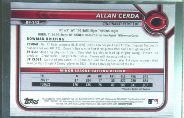 2022 Bowman Allan Cerda /99 #BP-142 Reds Prospects Green Pattern - Image 3