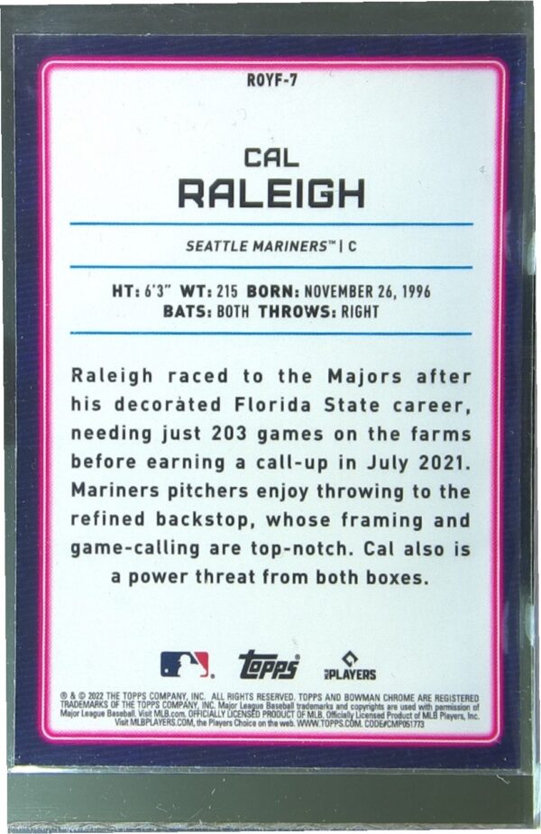 2022 Bowman Cal Raleigh RC #ROYF-7 Mariners Rookie of the Year Favorites - Image 3