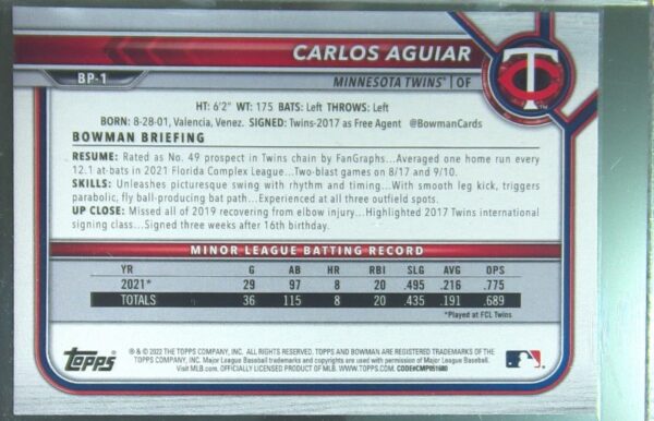 2022 Bowman Carlos Aguiar /99 #BP-1 Twins Prospects Green Pattern - Image 3