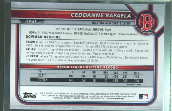 2022 Bowman Ceddanne Rafaela /199 #BP-61 Sox Prospects Purple Pattern - Image 3