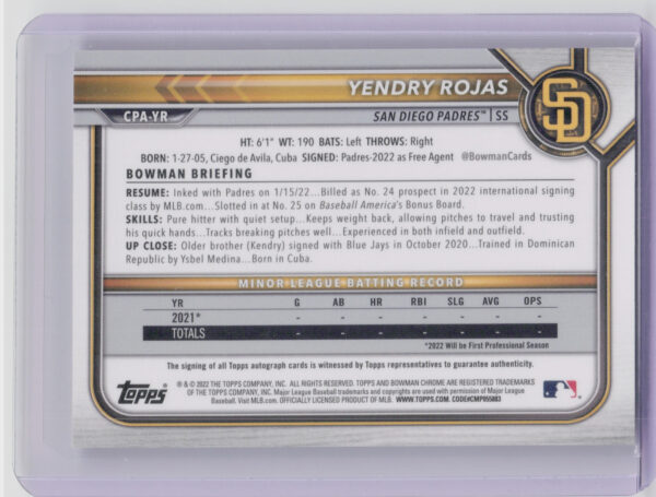 2022 Bowman Chrome Yendry Rojas AU #CPA-YR Padres Prospect Autographs - Image 3