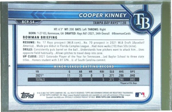 2022 Bowman Cooper Kinney /299 #BCP-54 Rays Chrome Prospects Speckle Refractor - Image 3