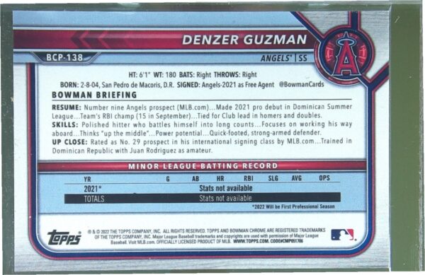 2022 Bowman Denzer Guzman /99 #BCP-138 Angels Prospects Green Mini Diamonds - Image 3