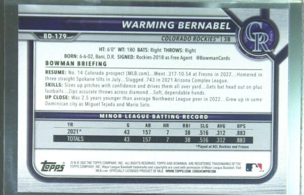 2022 Bowman Draft Warming Bernabel Sky Blue /499 #BD-179 Rockies - Image 3