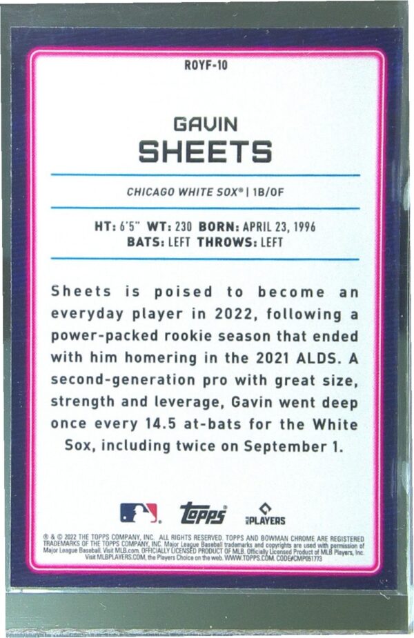 2022 Bowman Gavin Sheets RC #ROYF-10 Sox Rookie of the Year Favorites - Image 3