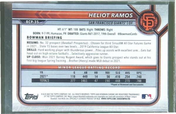 2022 Bowman Heliot Ramos /99 #BCP-35 Giants Chrome Prospects Green Refractor - Image 3