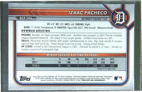 2022 Bowman Izaac Pacheco /150 #BCP-106 Chrome Prospects Mojo Blue Refractor - Image 3