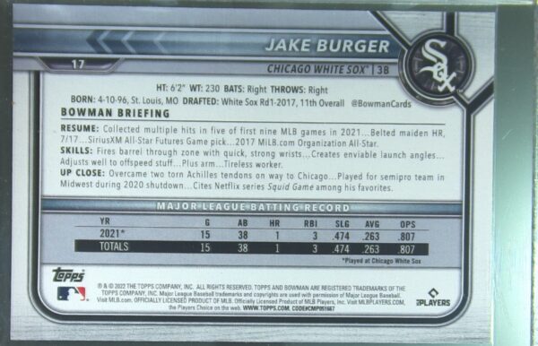 2022 Bowman Jake Burger Sky Blue /499 RC #17 Sox - Image 3