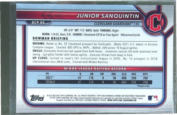 2022 Bowman Junior Sanquintin /250 #BCP-80 Chrome Prospects Purple Refractor - Image 3