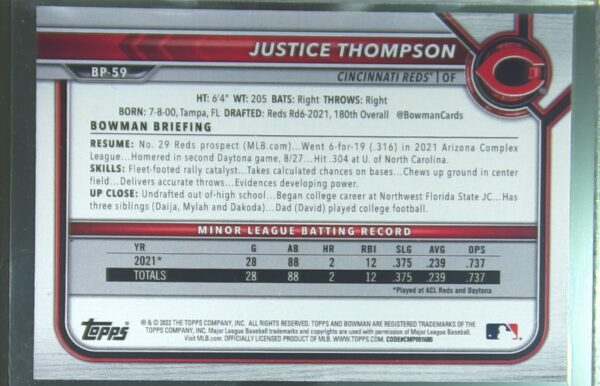 2022 Bowman Justice Thompson /499 #BP-59 Reds Prospects Sky Blue - Image 3