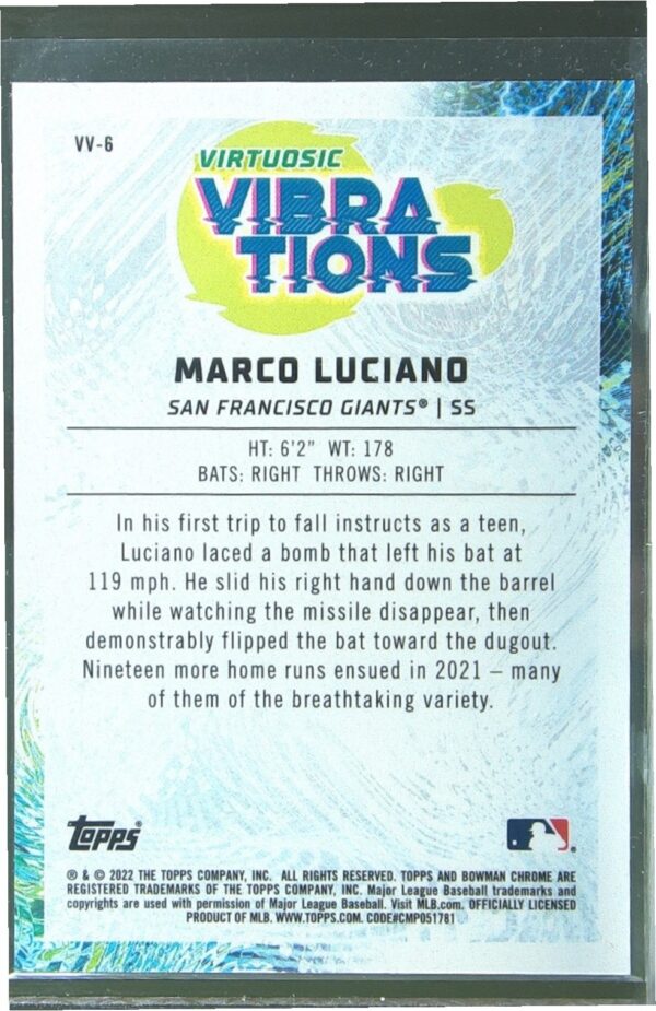 2022 Bowman Marco Luciano /99 #VV-6 Giants Virtuosic Vibrations Green Refractor - Image 3
