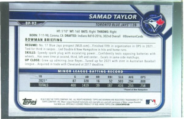 2022 Bowman Samad Taylor /399 #BP-92 Jays Prospects Neon Green - Image 3