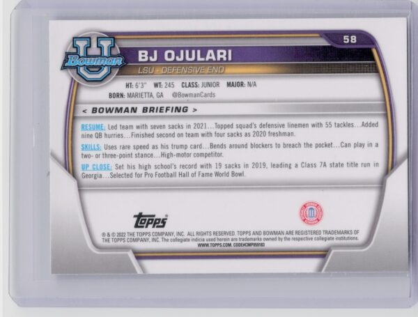 2022 Bowman University Chrome BJ Ojulari Purple Shimmer Refractor #58 Tigers - Image 3