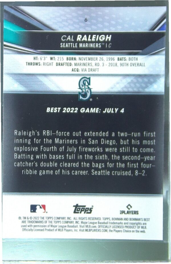 2022 Bowman's Best Cal Raleigh RC #6 Mariners - Image 3