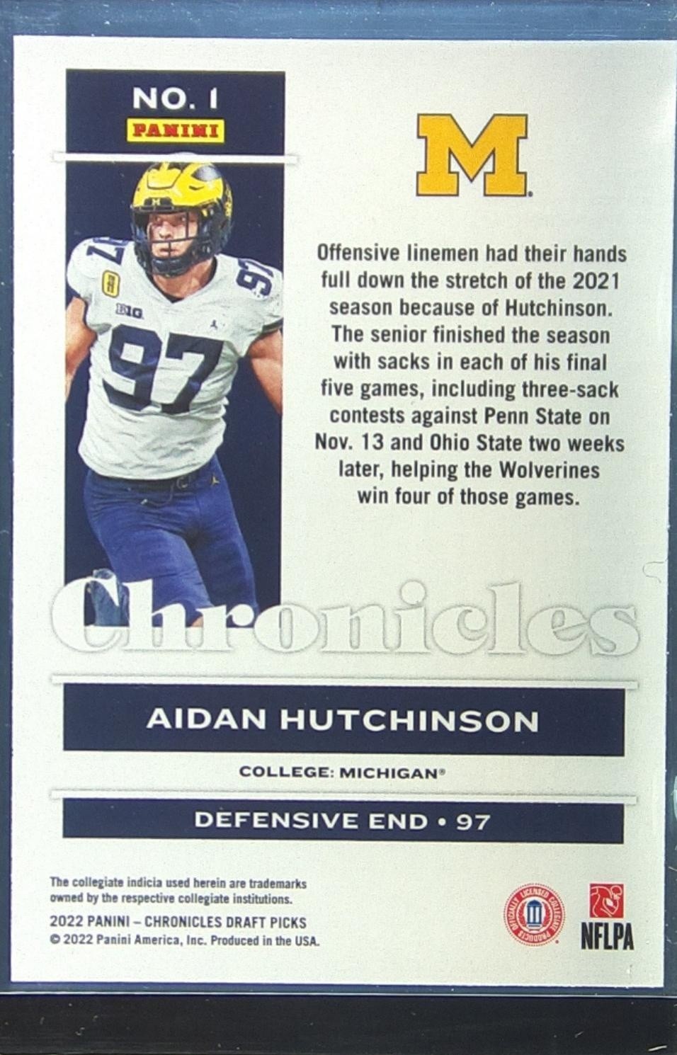 2022 Chronicles Draft Aidan Hutchinson #1 Wolverines - Image 3