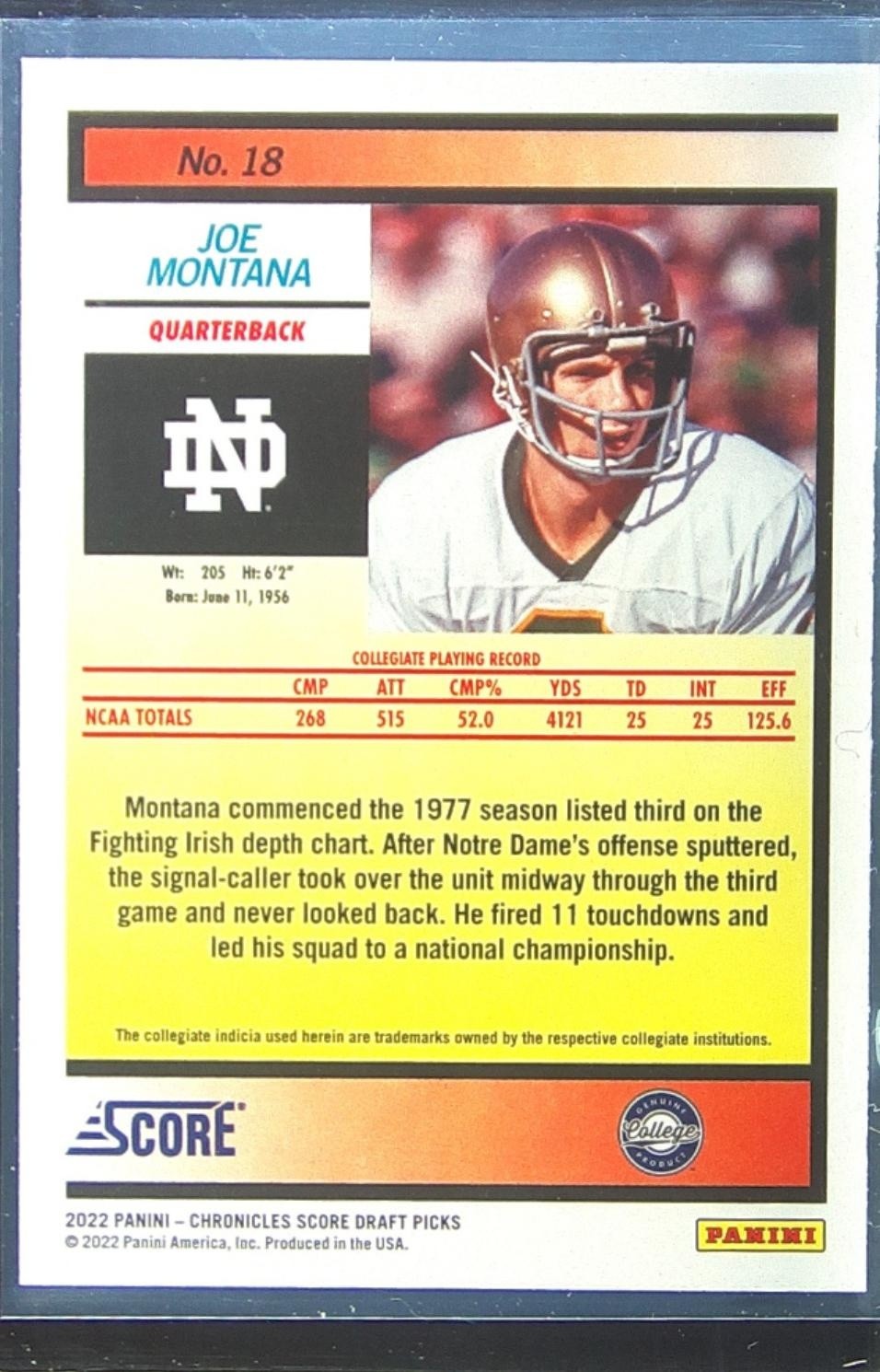 2022 Chronicles Draft Joe Montana #18 Irish Score Retro - Image 3