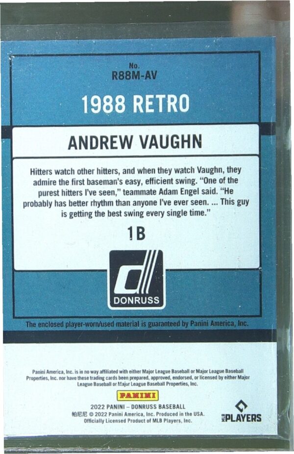 2022 Donruss Andrew Vaughn JSY #R88M-AV Sox Retro 1988 Materials - Image 3