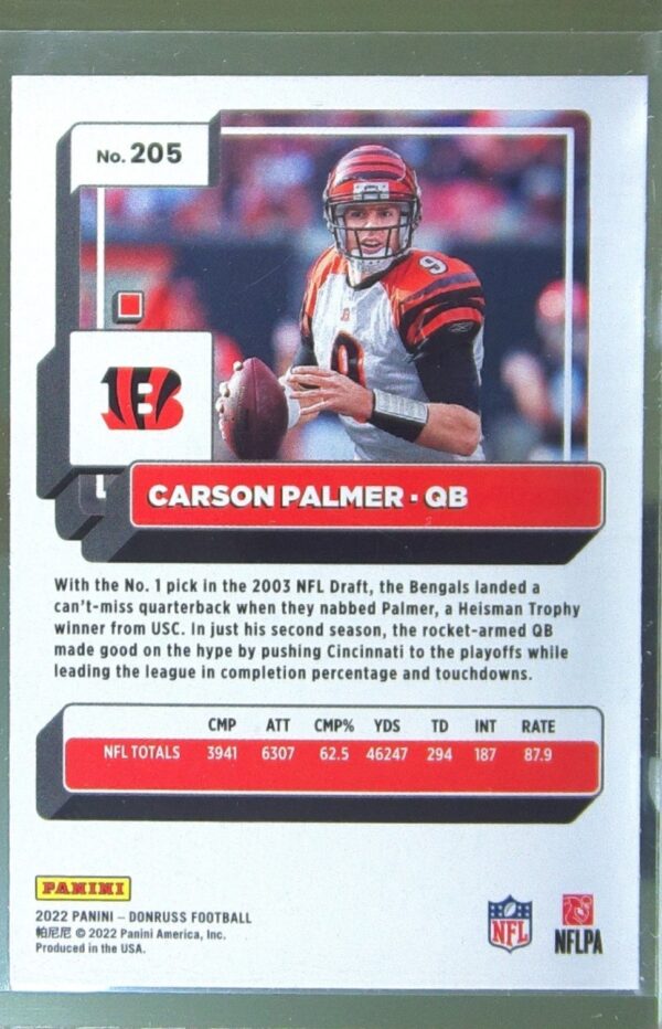 2022 Donruss Carson Palmer Blue Press Proof #205 Bengals - Image 3