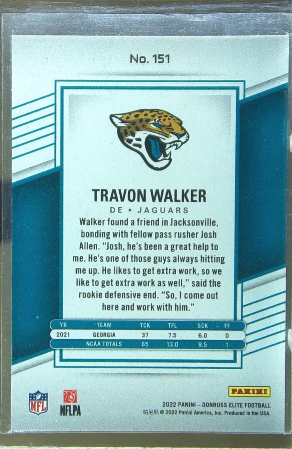 2022 Donruss Elite Travon Walker Pink RC #151 Jaguars - Image 3