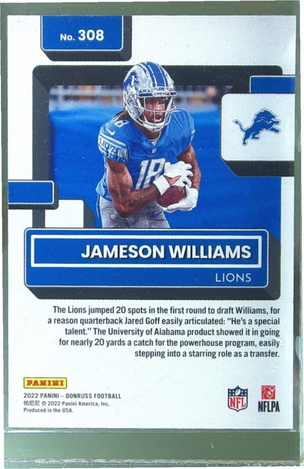 2022 Donruss Jameson Williams RC #308 Lions - Image 3