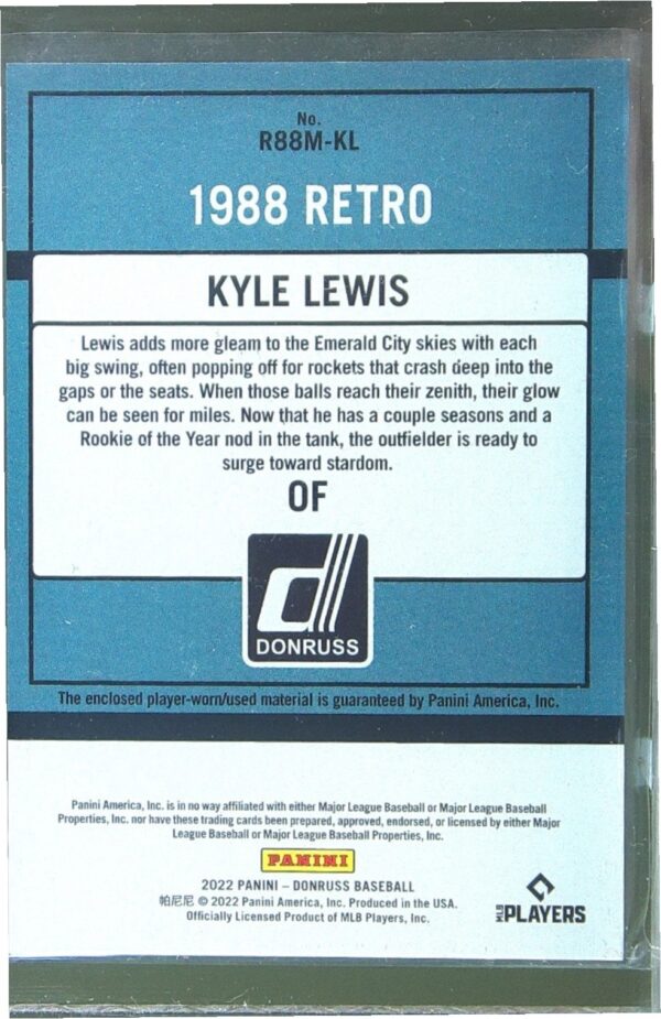 2022 Donruss Kyle Lewis JSY #R88M-KL Mariners Retro 1988 Materials - Image 3