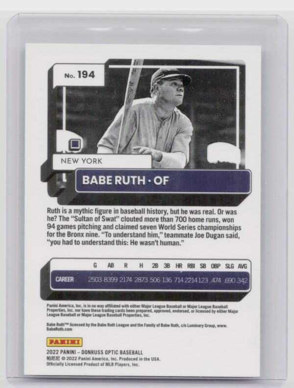 2022 Donruss Optic Babe Ruth #194 Yankees - Image 3