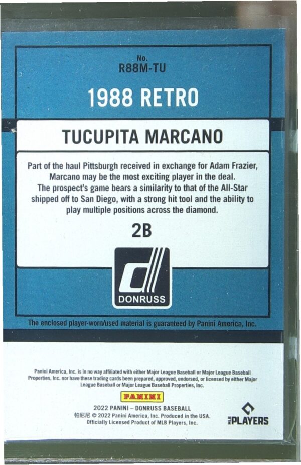2022 Donruss Tucupita Marcano JSY #R88M-TU Pirates Retro 1988 Materials - Image 3